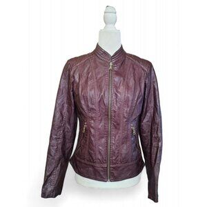 Vintage Guess Los Angeles women's brown mahogany faux leather moto jacket size S